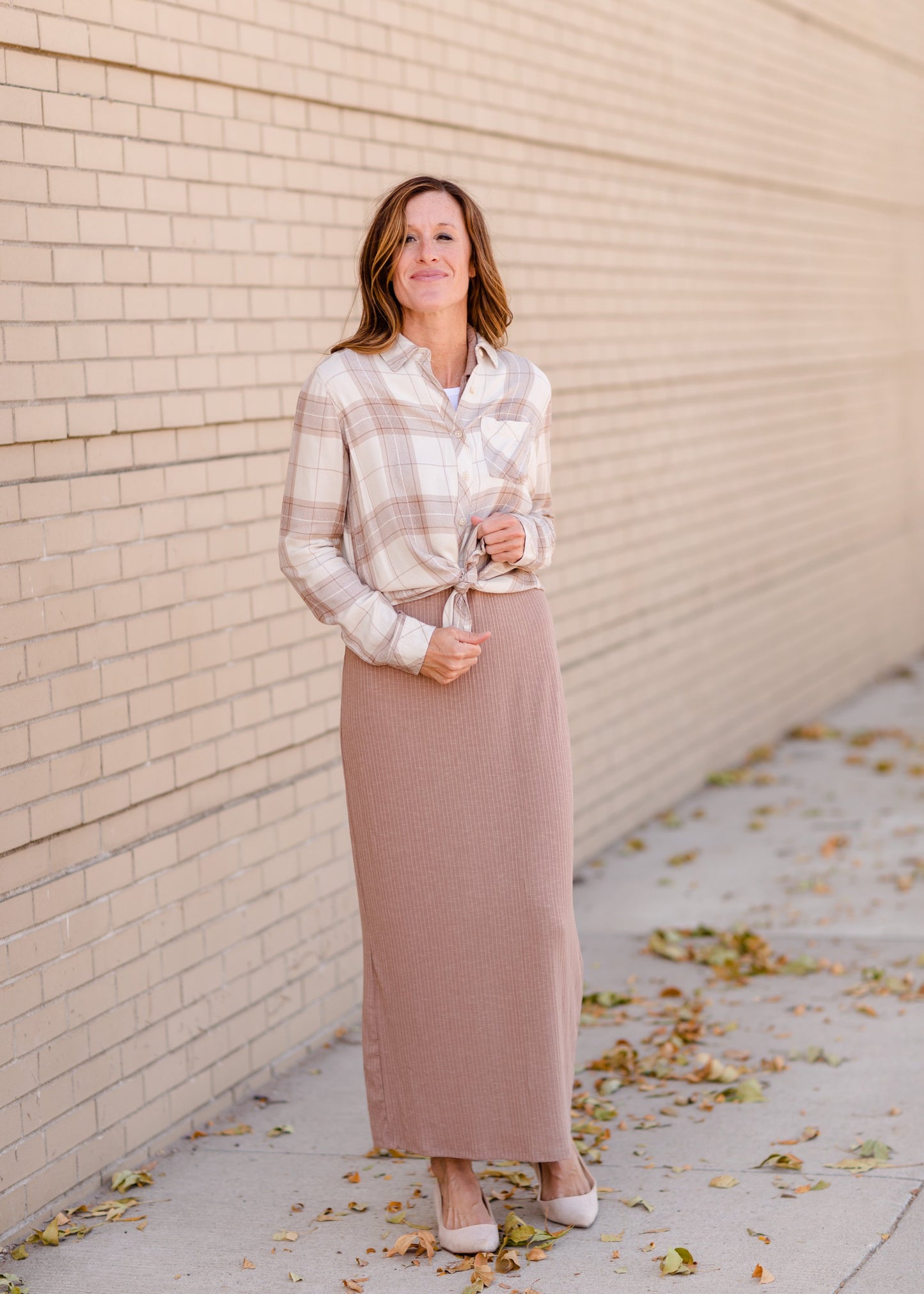 Taupe Plaid Button Front Flannel Top Tops Thread & Supply