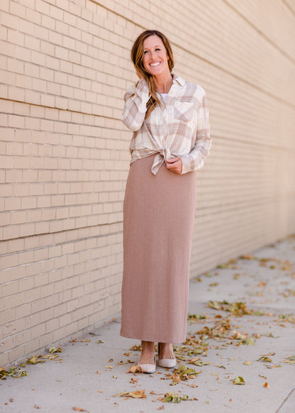 Taupe Plaid Button Front Flannel Top Tops Thread & Supply