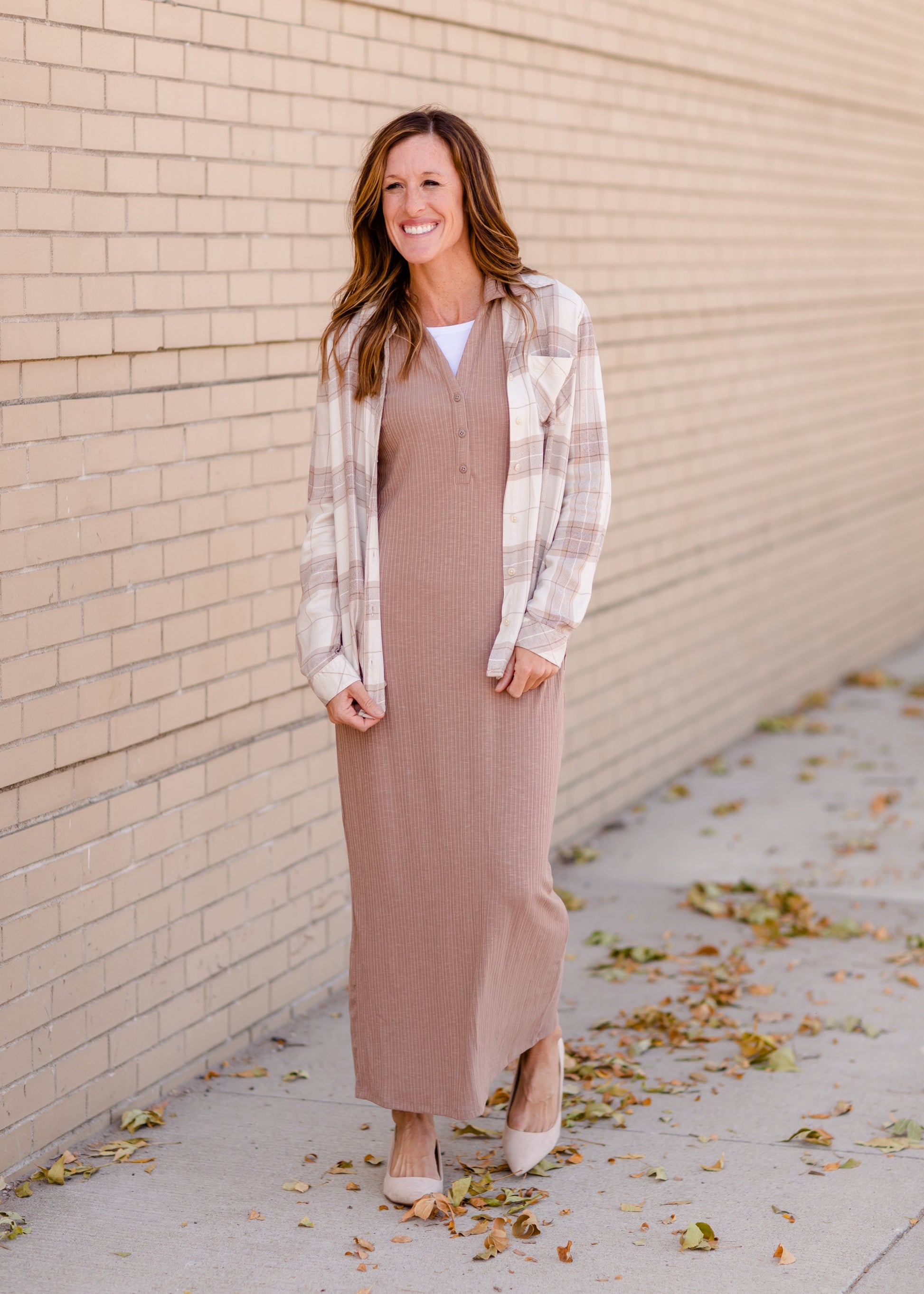 Taupe Plaid Button Front Flannel Top Tops Thread & Supply