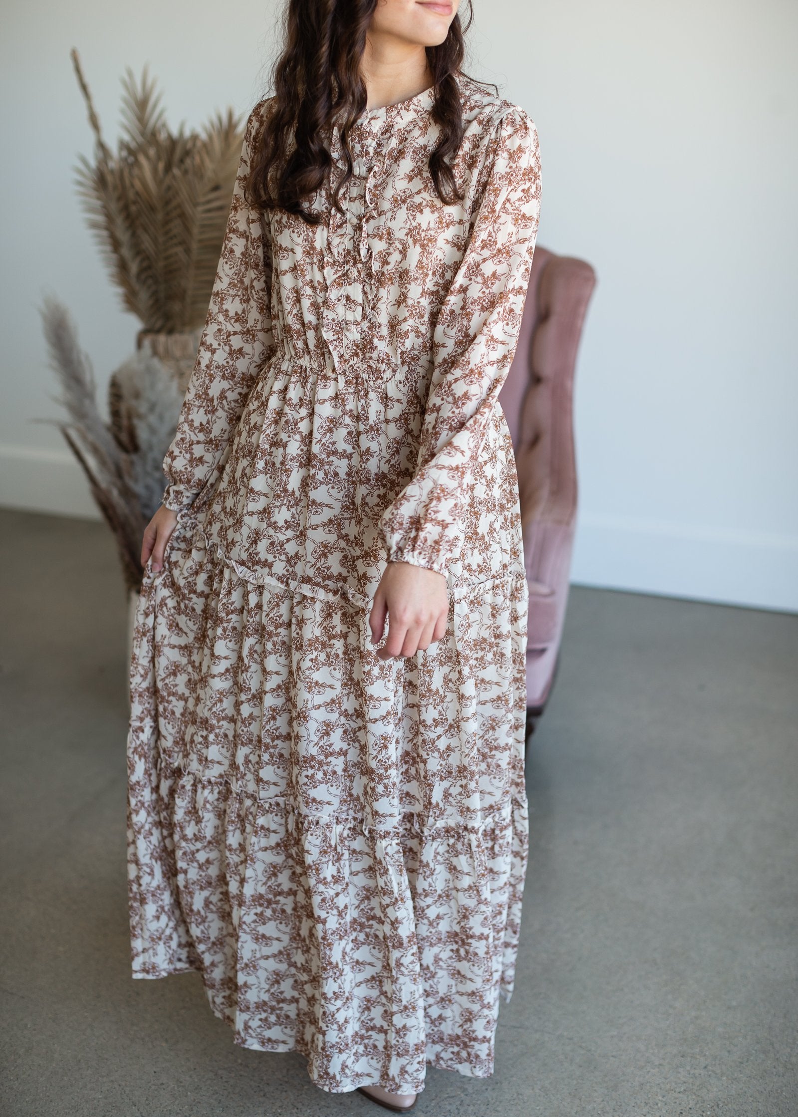 Taupe Ruffle Button Up Floral Chiffon Maxi Dress Dresses Hayden