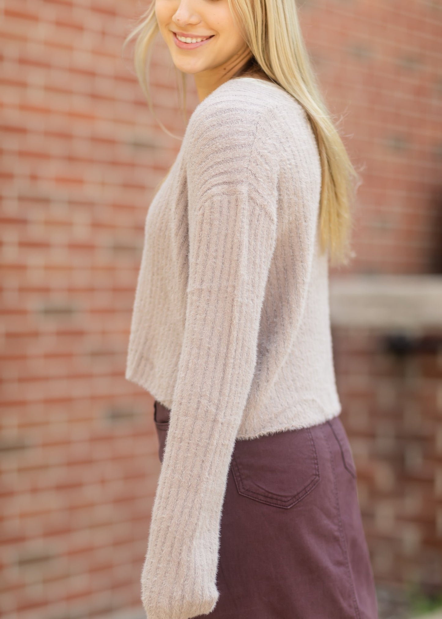 Taupe Solid Casual Knit Cardigan Tops Love Tree