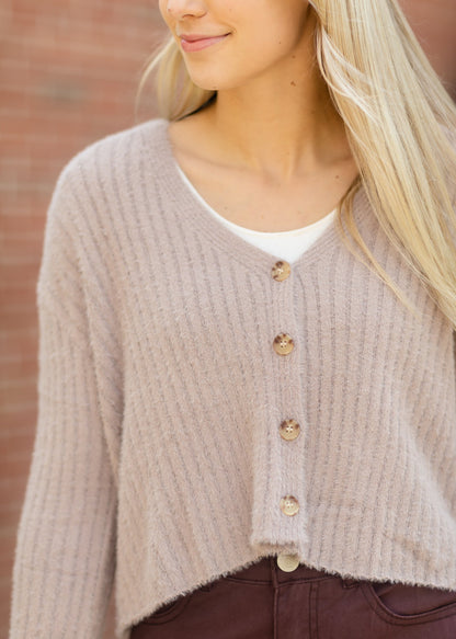 Taupe Solid Casual Knit Cardigan Tops Love Tree