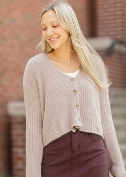 Taupe Solid Casual Knit Cardigan Tops Love Tree