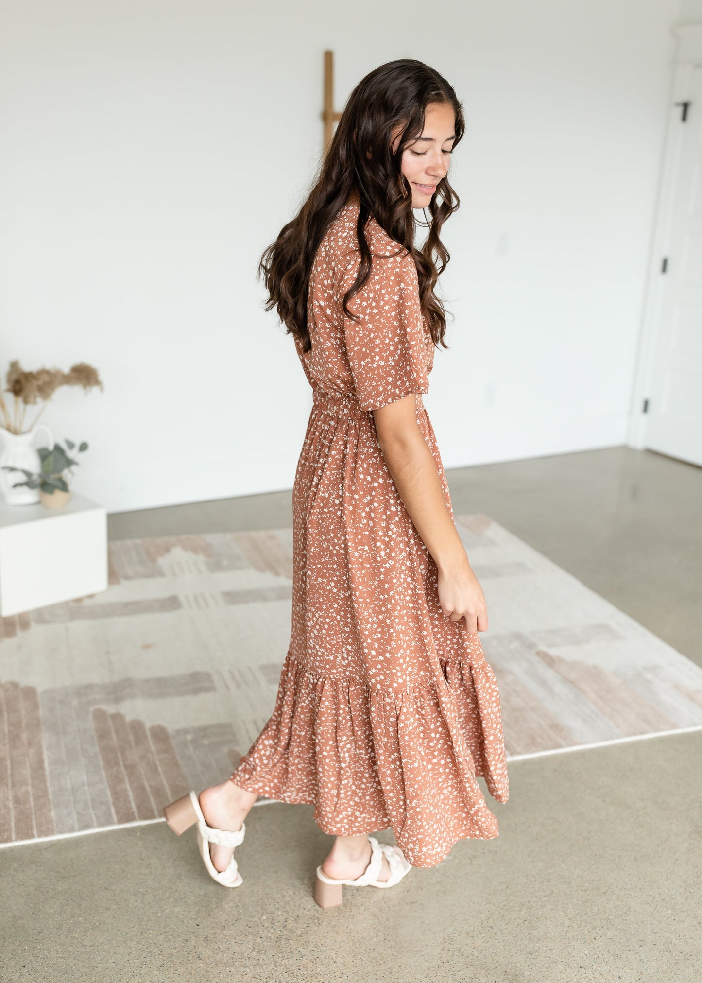 Terracotta Button Up Flutter Sleeve Dress Dresses