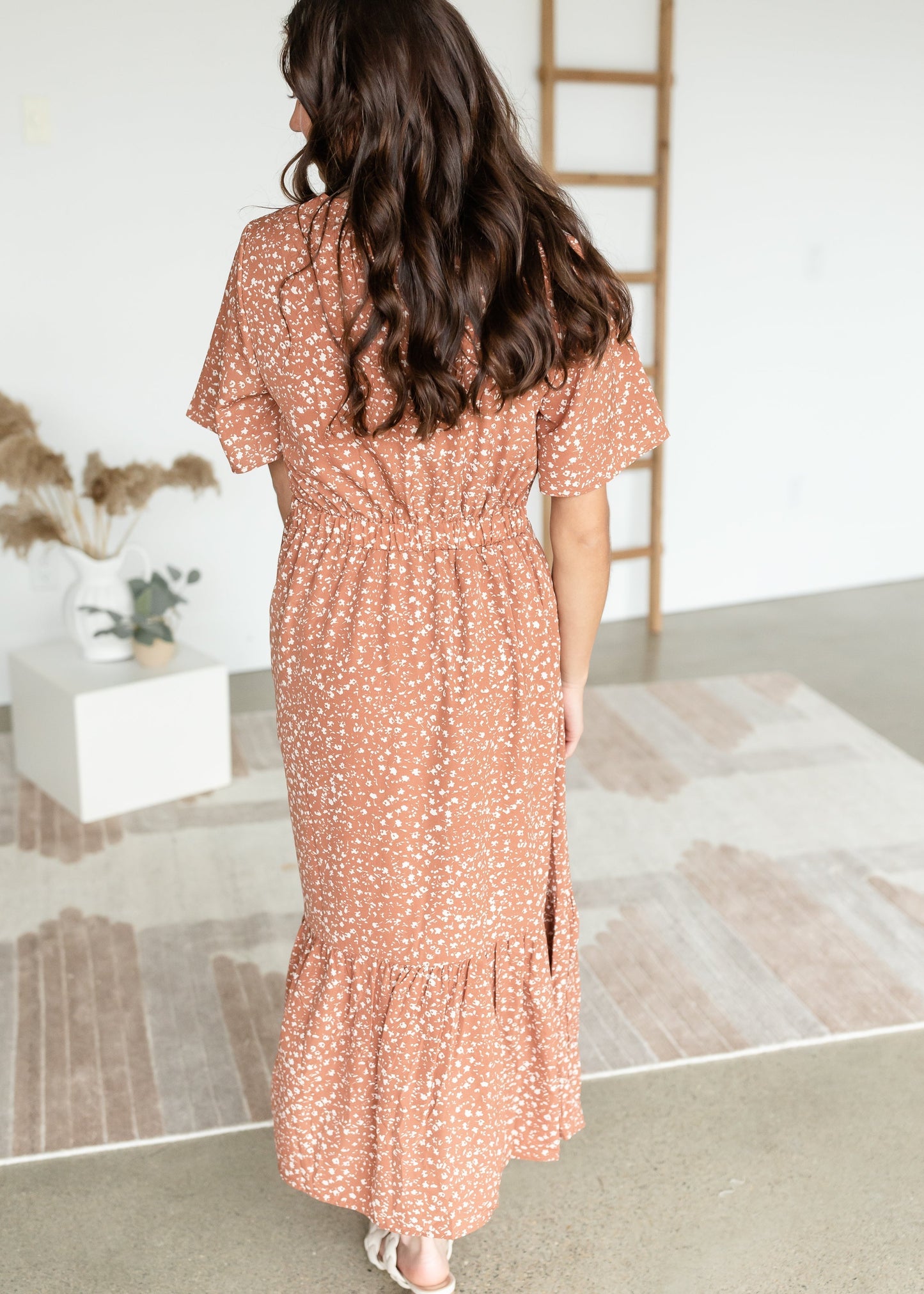 Terracotta Button Up Flutter Sleeve Dress Dresses