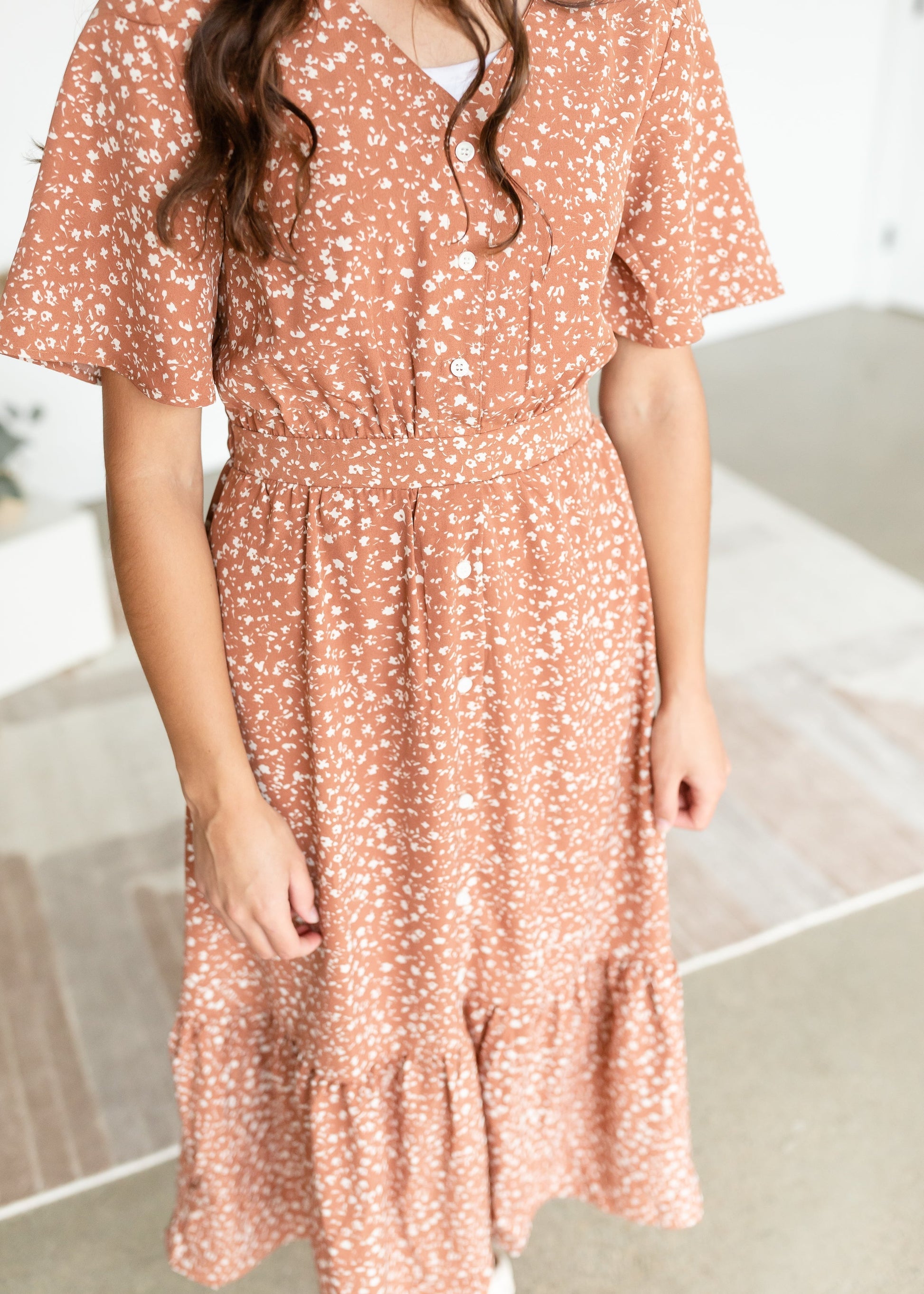 Terracotta Button Up Flutter Sleeve Dress Dresses