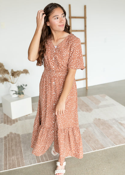 Terracotta Button Up Flutter Sleeve Dress Dresses