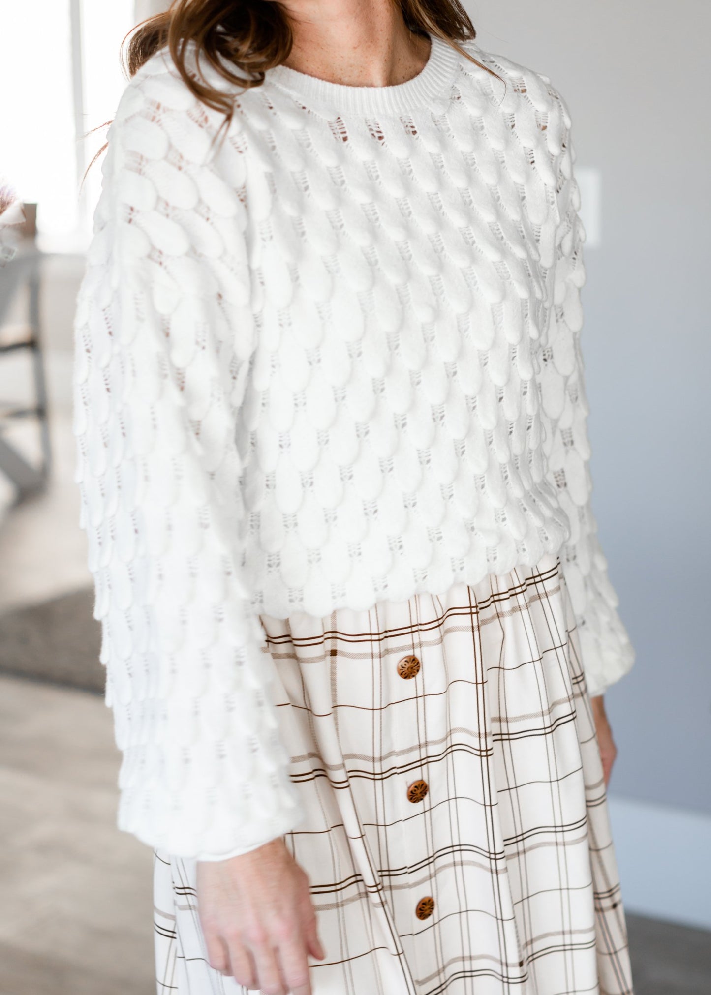 Textured Balloon Sleeve Sweater Tops Voy