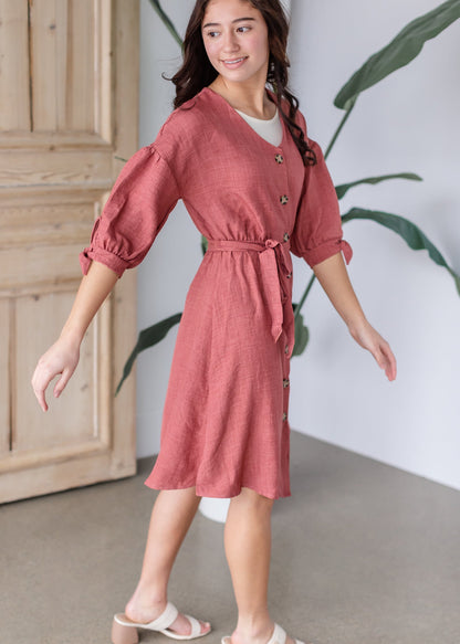 Tie Sleeve Button Up Belted Midi Dress Dresses Hailey & Co