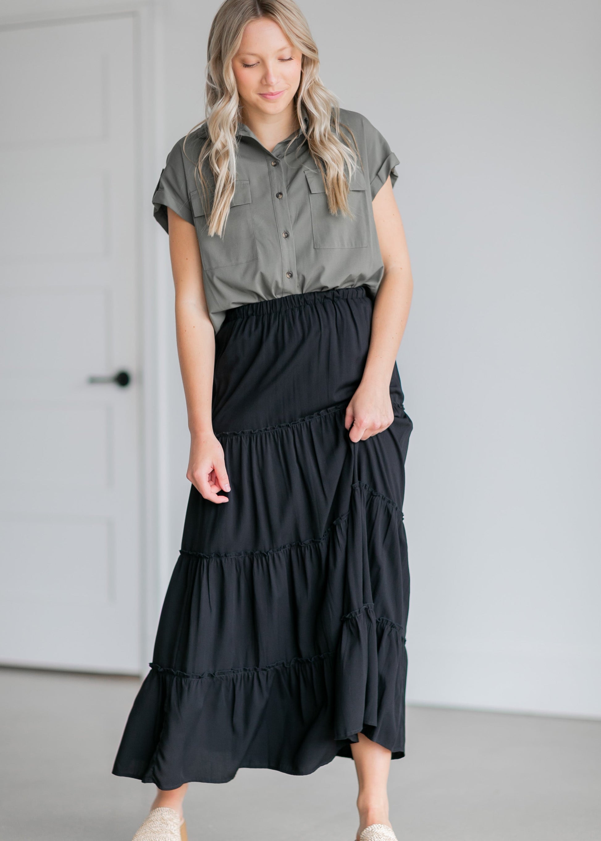 Tiered Lined Maxi Skirt Skirts Black / S