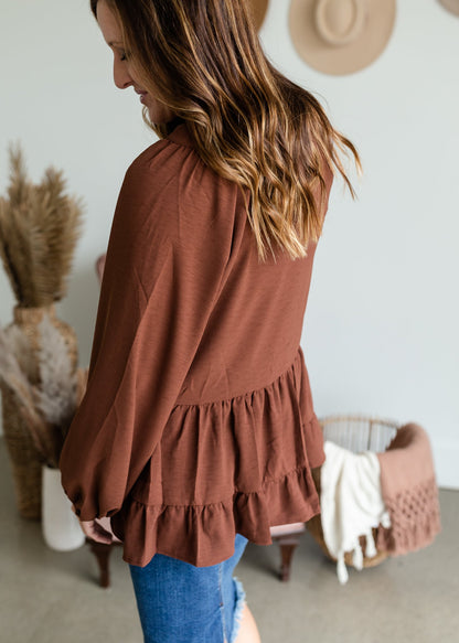 V-Neck Balloon Long Sleeve Tiered Top Tops Entro