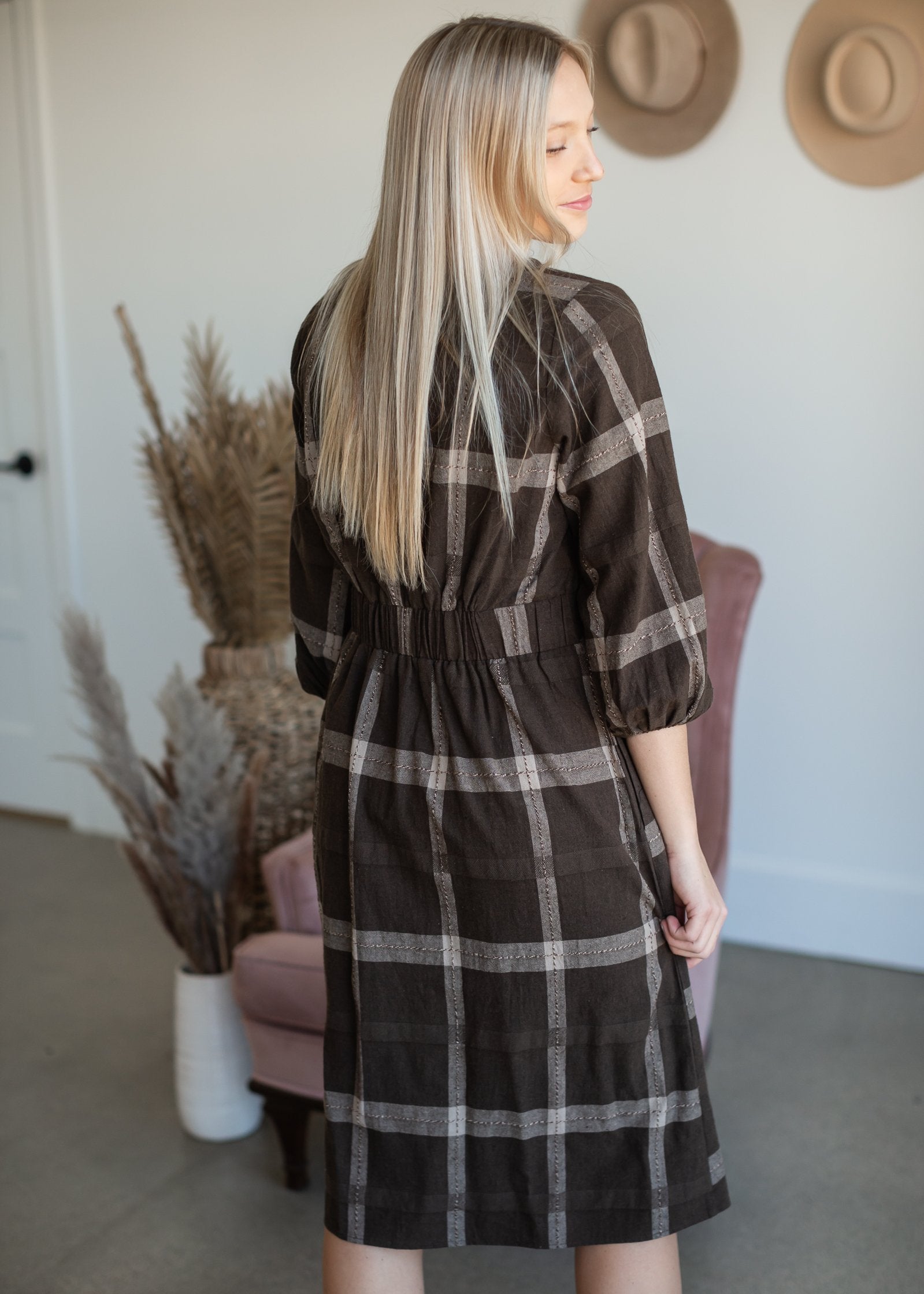 V-Neck Brown Plaid Midi Dress Dresses Polagram