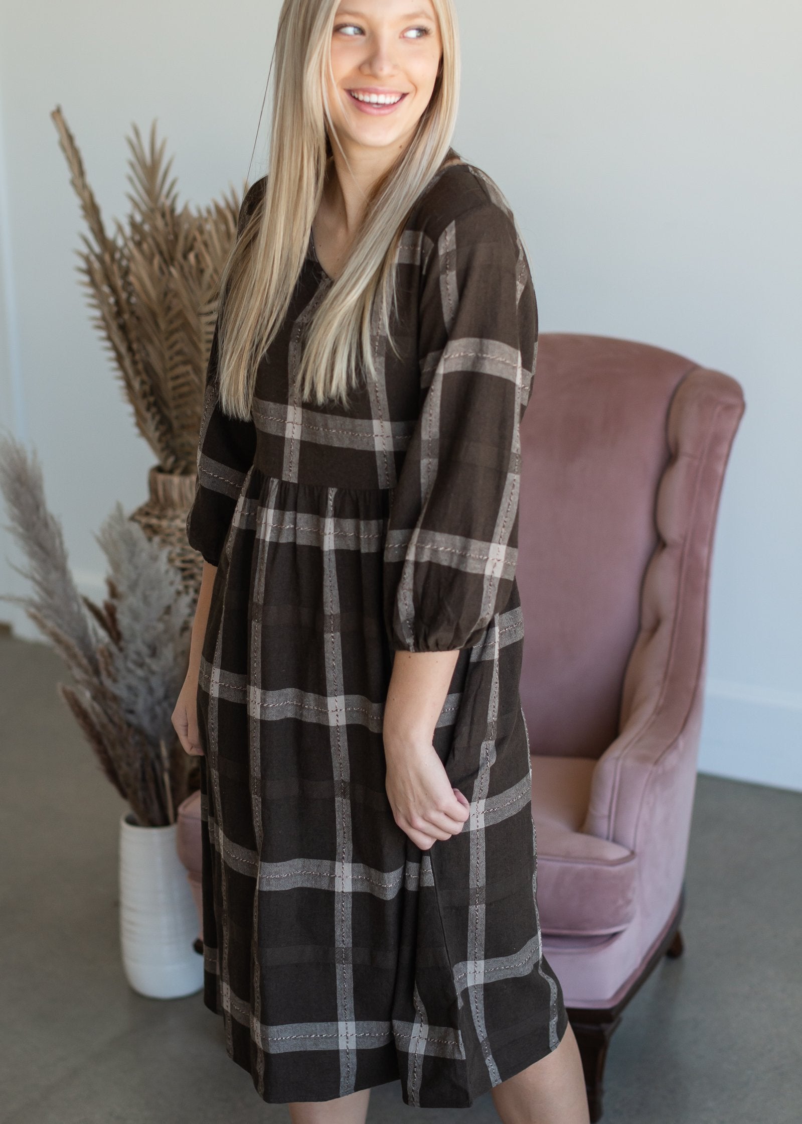 V-Neck Brown Plaid Midi Dress Dresses Polagram