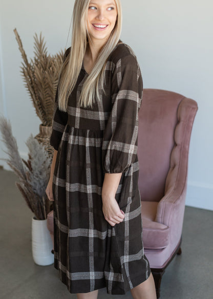 V-Neck Brown Plaid Midi Dress Dresses Polagram