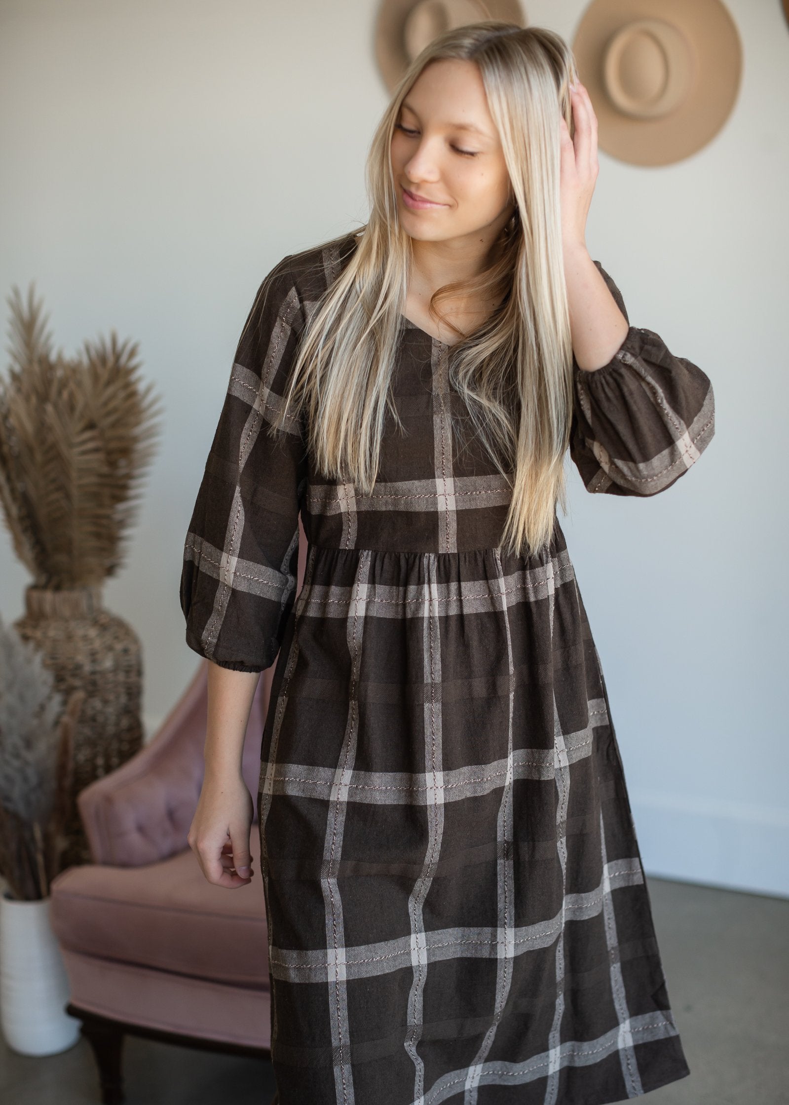 V-Neck Brown Plaid Midi Dress Dresses Polagram