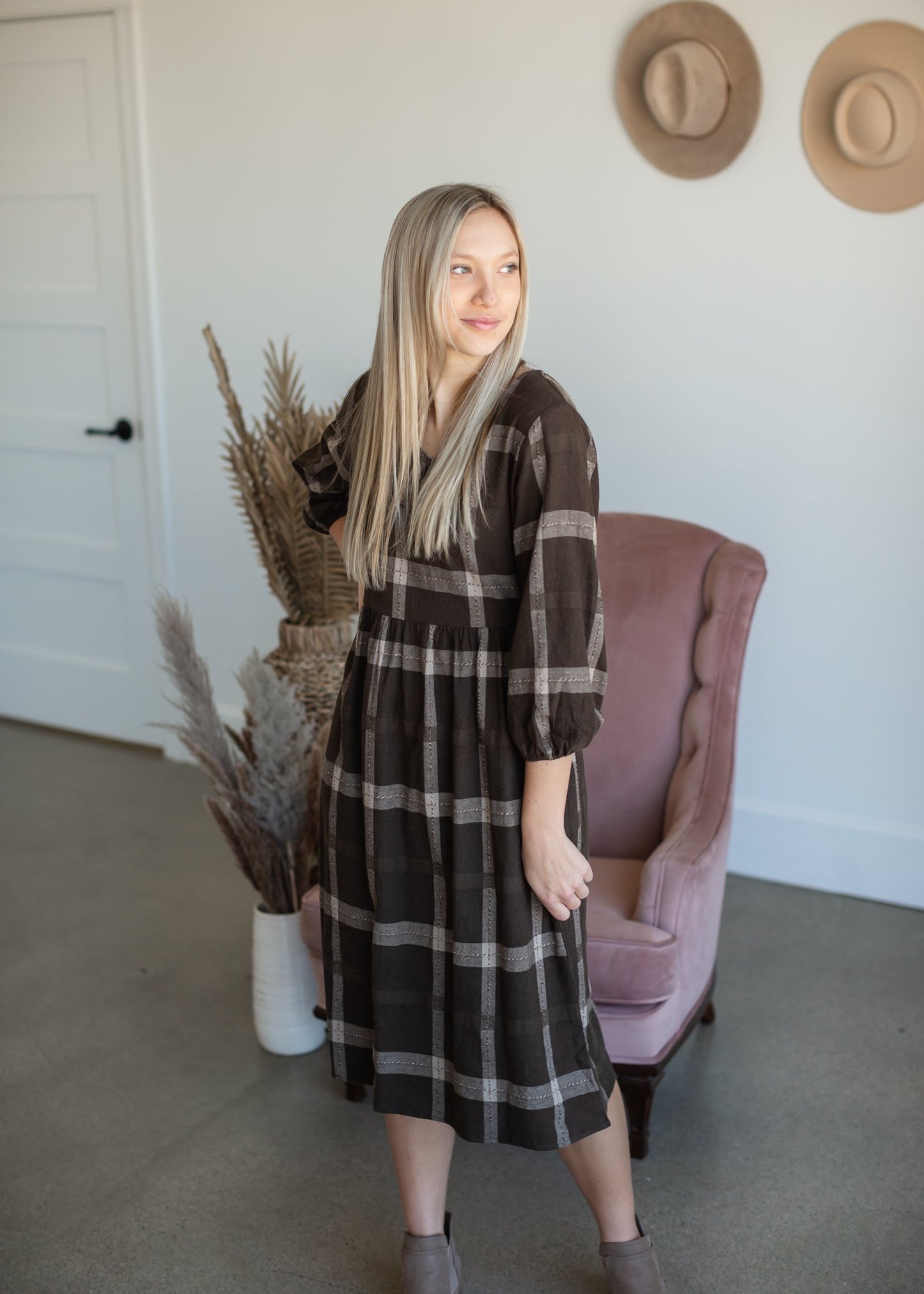 V-Neck Brown Plaid Midi Dress Dresses Polagram