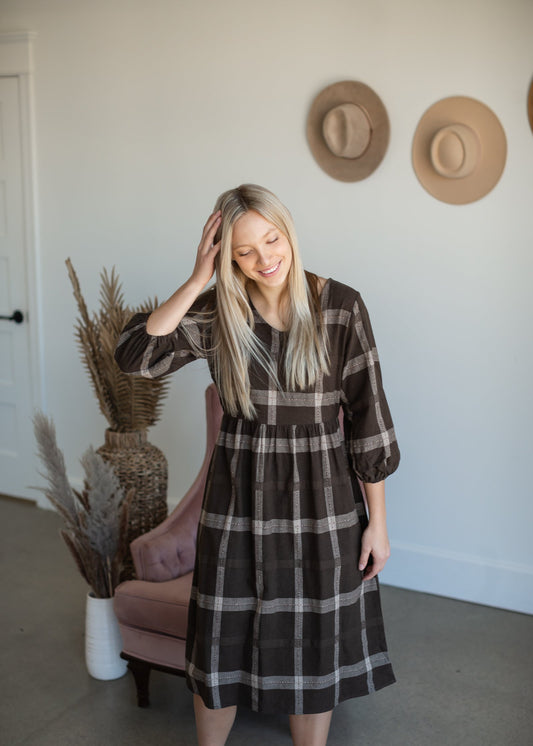 V-Neck Brown Plaid Midi Dress Dresses Polagram