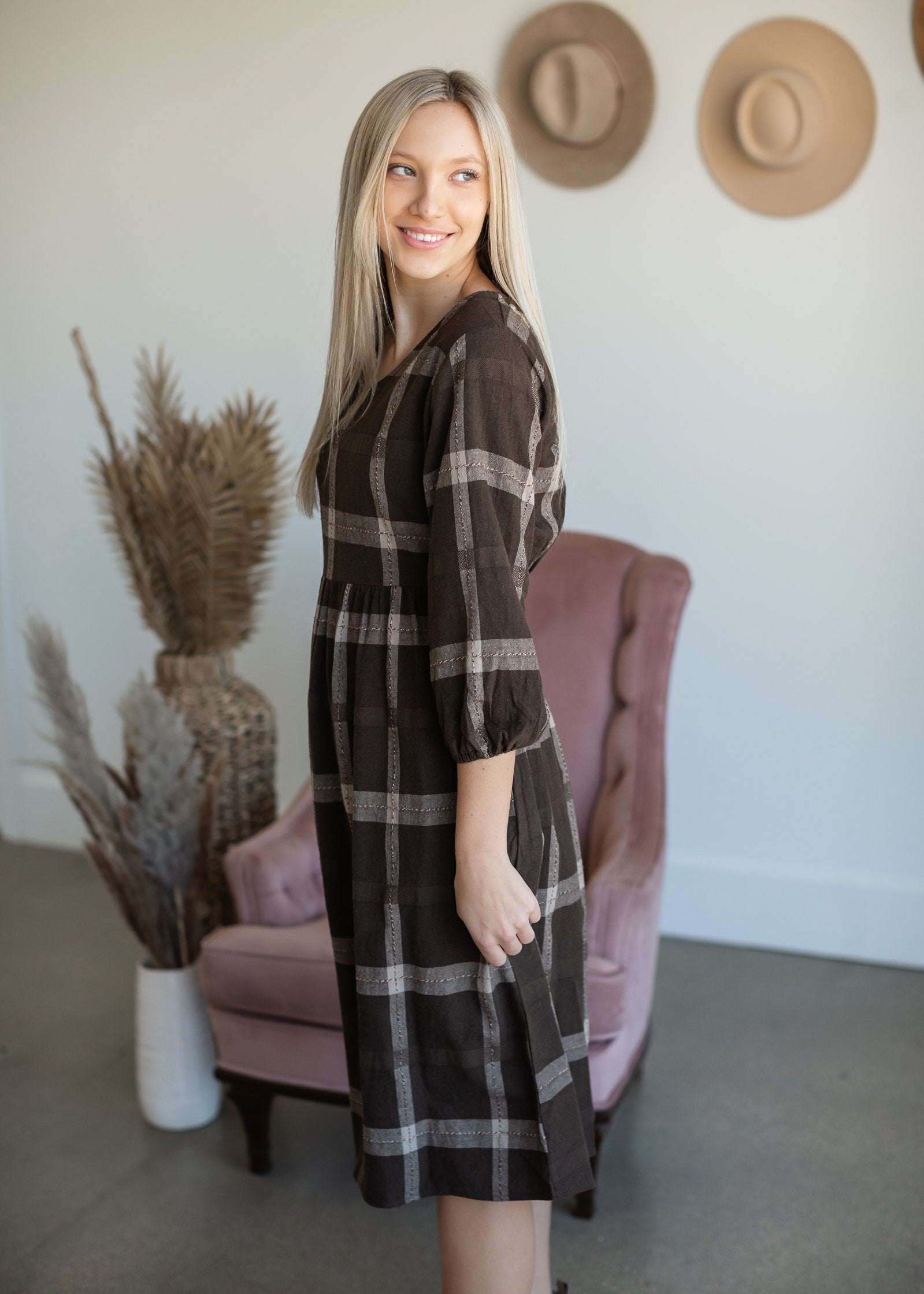 V-Neck Brown Plaid Midi Dress Dresses Polagram