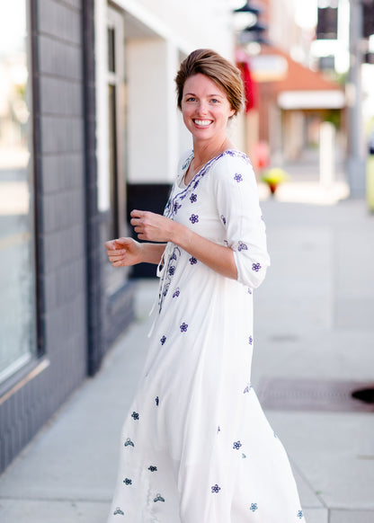 White and Navy Embroidered Maxi Dress Dresses Mikarose