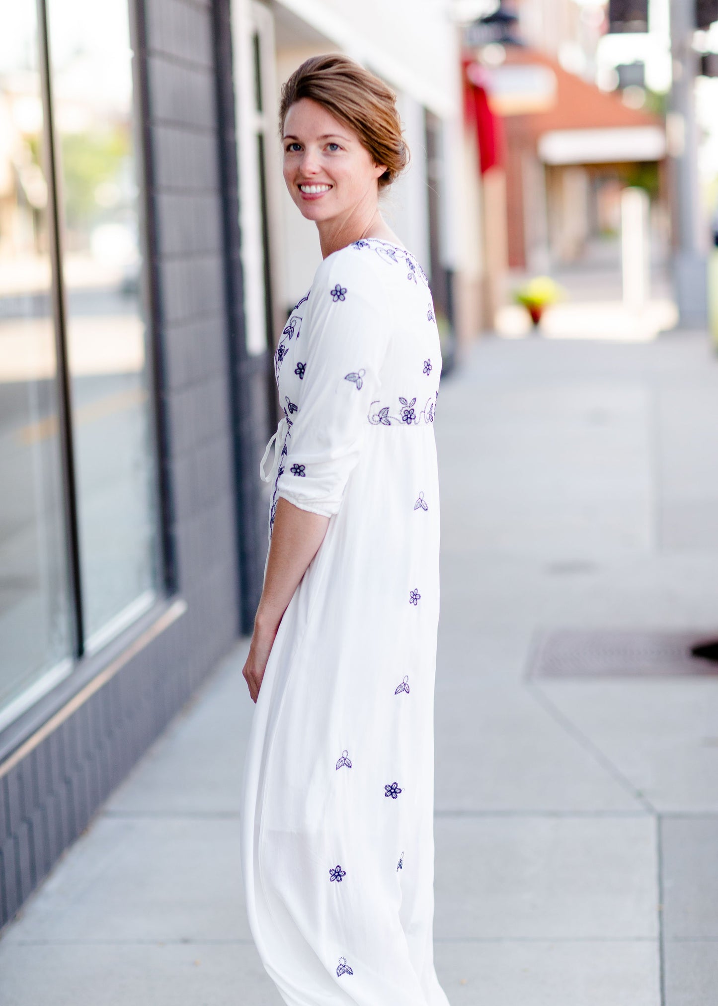 White and Navy Embroidered Maxi Dress Dresses Mikarose