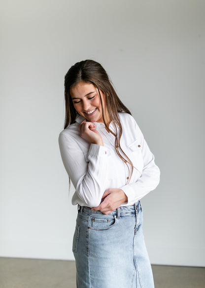 White Chambray Button Down Shirt Tops