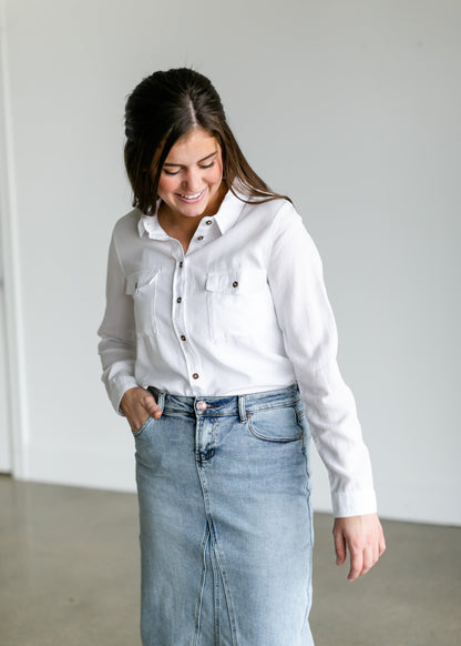 White Chambray Button Down Shirt Tops