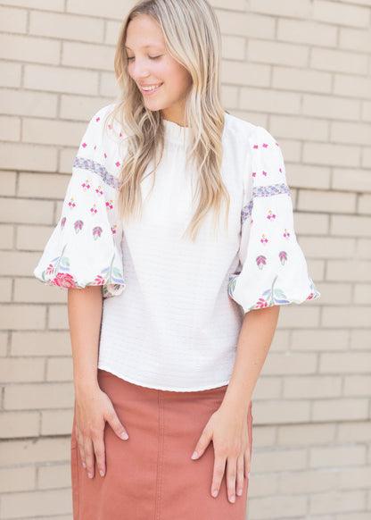 White Embroidered Balloon Sleeve Textured Top Tops