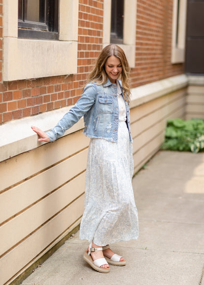 White Floral Midi Skirt with Hem Ruffle Skirts