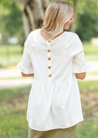 White Ruffle Sleeve Button Up Blouse Tops